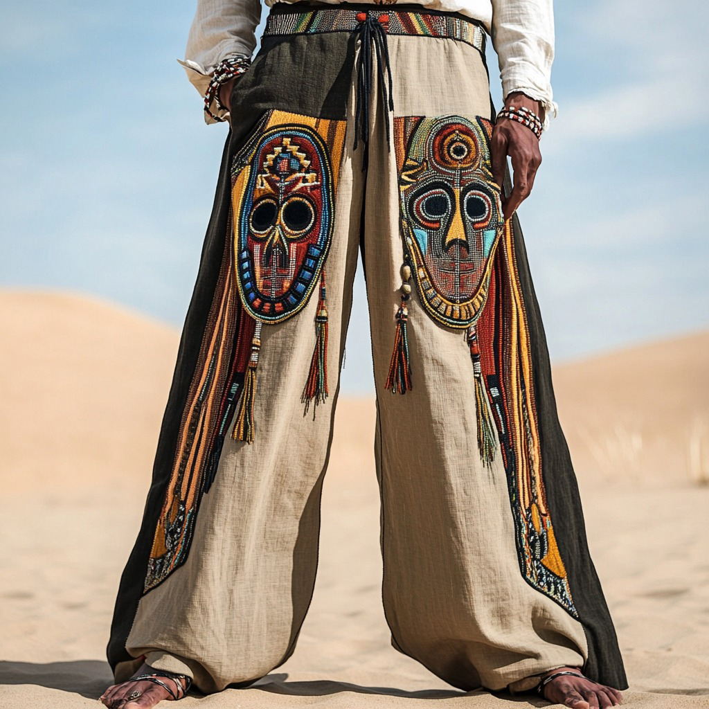 Men's African Mask Ethnic Art Linen Casual Wide Leg Pants