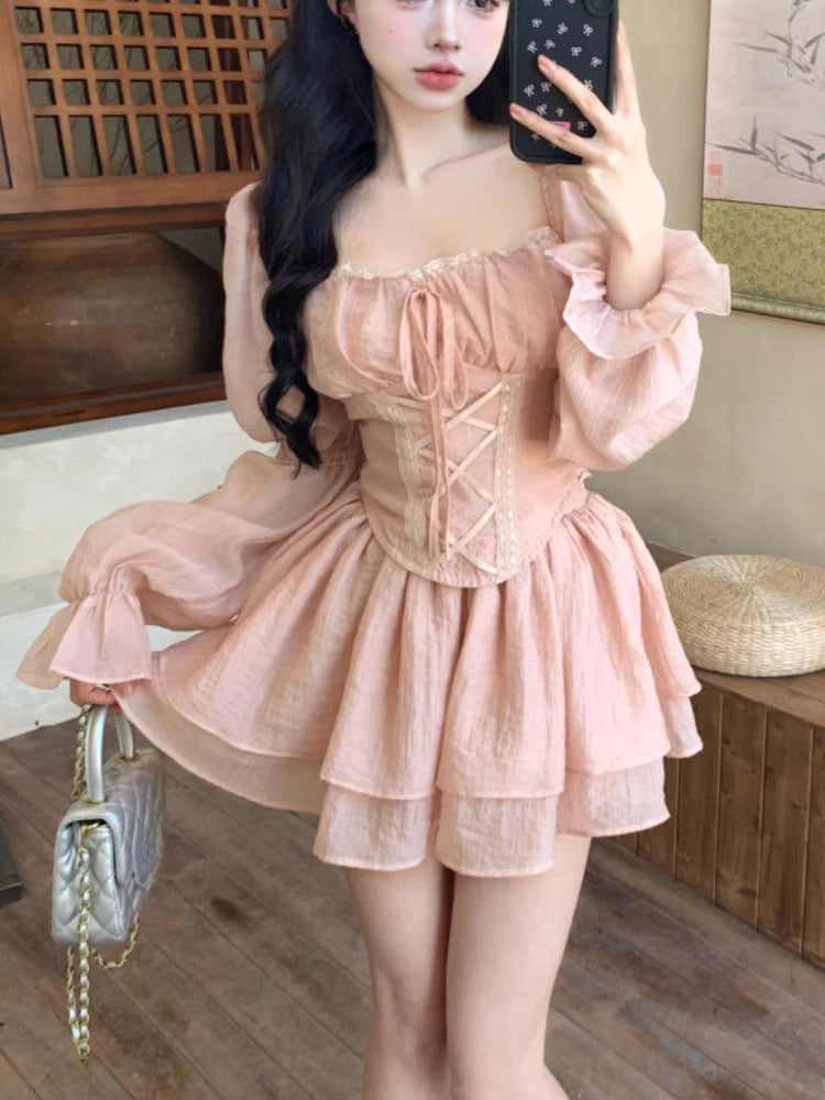Autumn Fashion Slim Square Neck Dress Women Sweet Cute Puff Sleeve Short Dress Female Pretty Fairy Solid Bandage Ruffle Dresses Aiertu