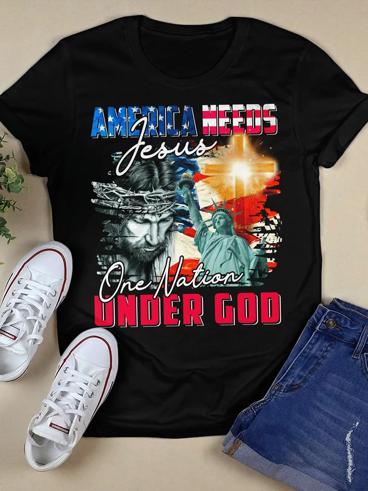 America Needs Jesus Under God One Nation Print T-Shirt