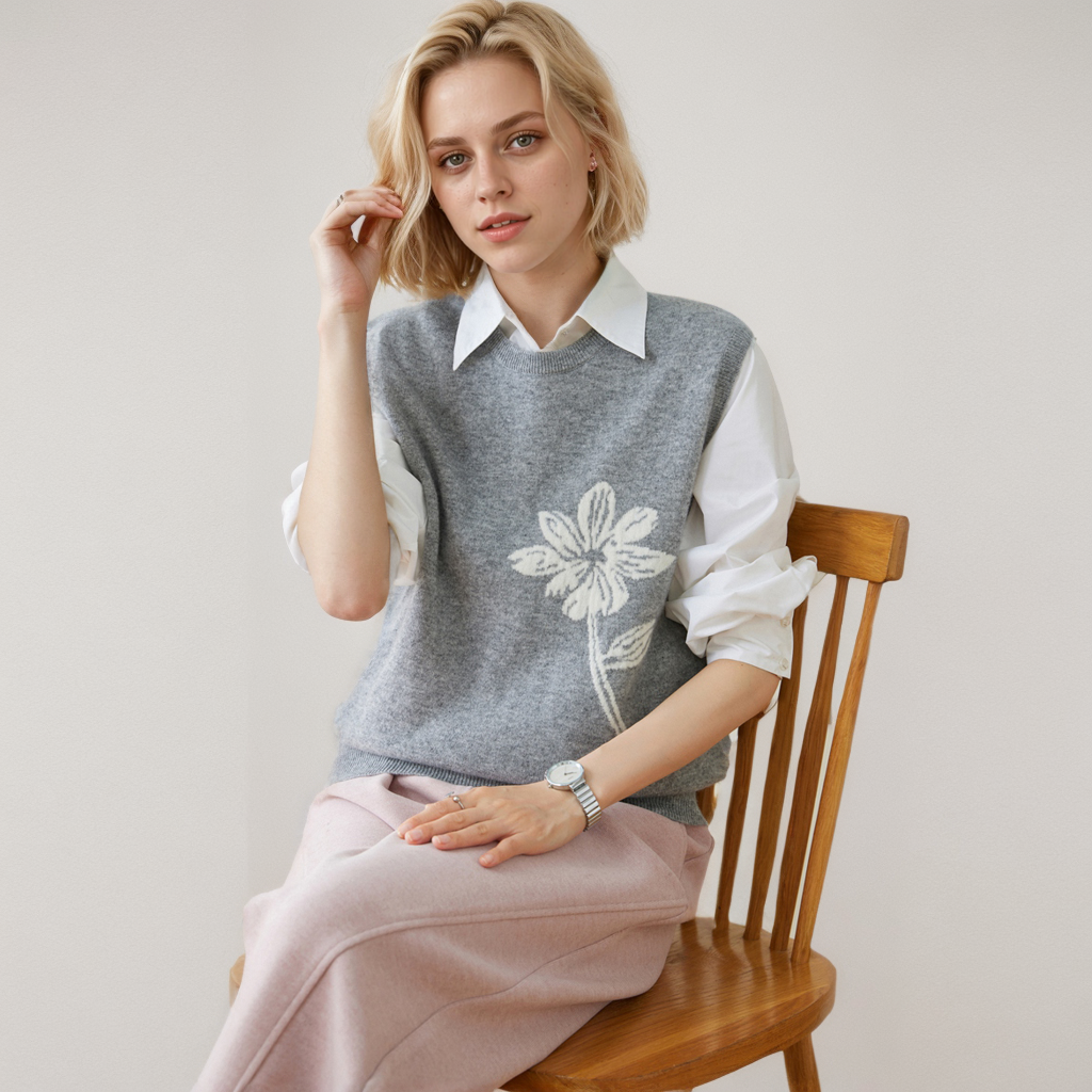 Jacquard Cashmere Pullover Vest Women's Crew Neck Fashion REAL SILK LIFE