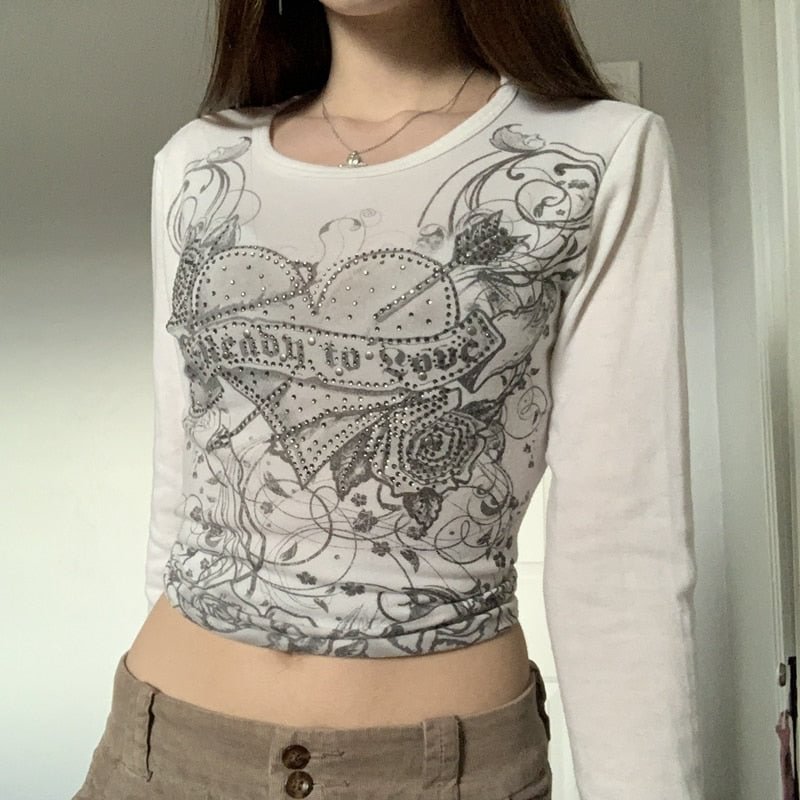 y2k Fairy Grunge Diamonds Graphic Print Crop Top Autumn Long Sleeve Slim Fit Pullovers Tees Women Vintage White Crop Top Clothes
