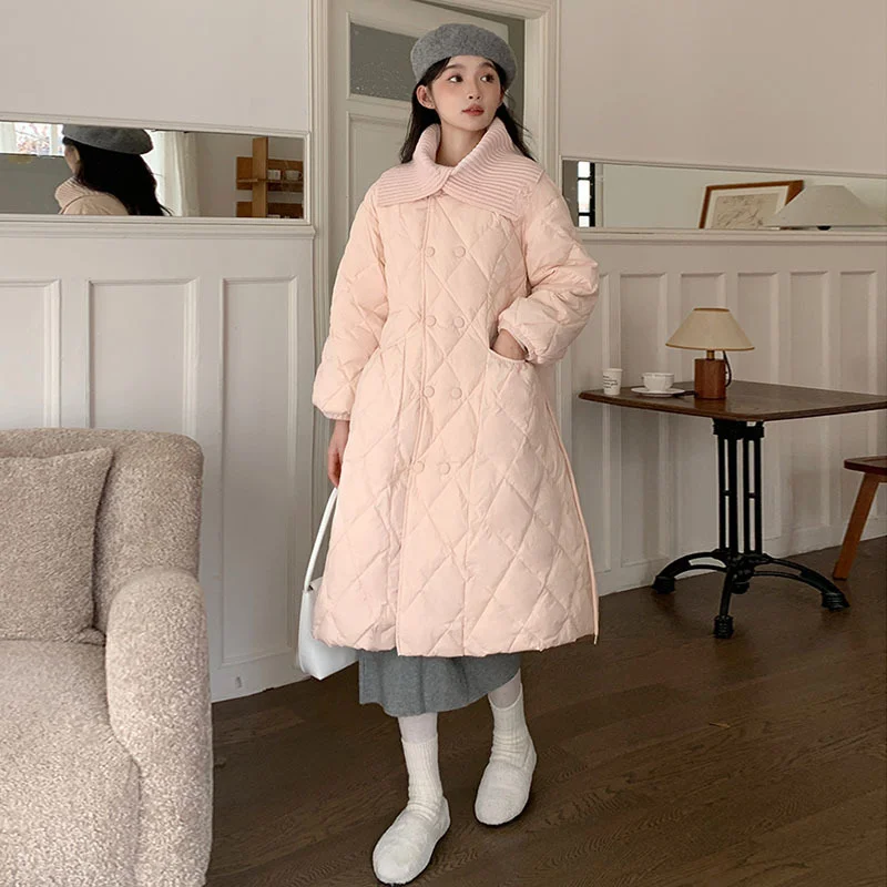 Toloer Ling Ge Knitting Collar Long Down Jacket Female 2024 Winter Fashion Thick Thin Belt Waist Show Thin Over The Knee Coat Tide-Outfit Ideas