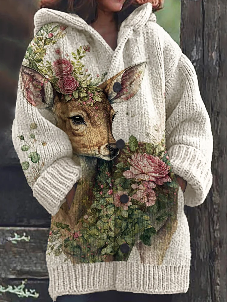 VChics Elegant Deer Floral Art Cozy Knit Hooded Cardigan