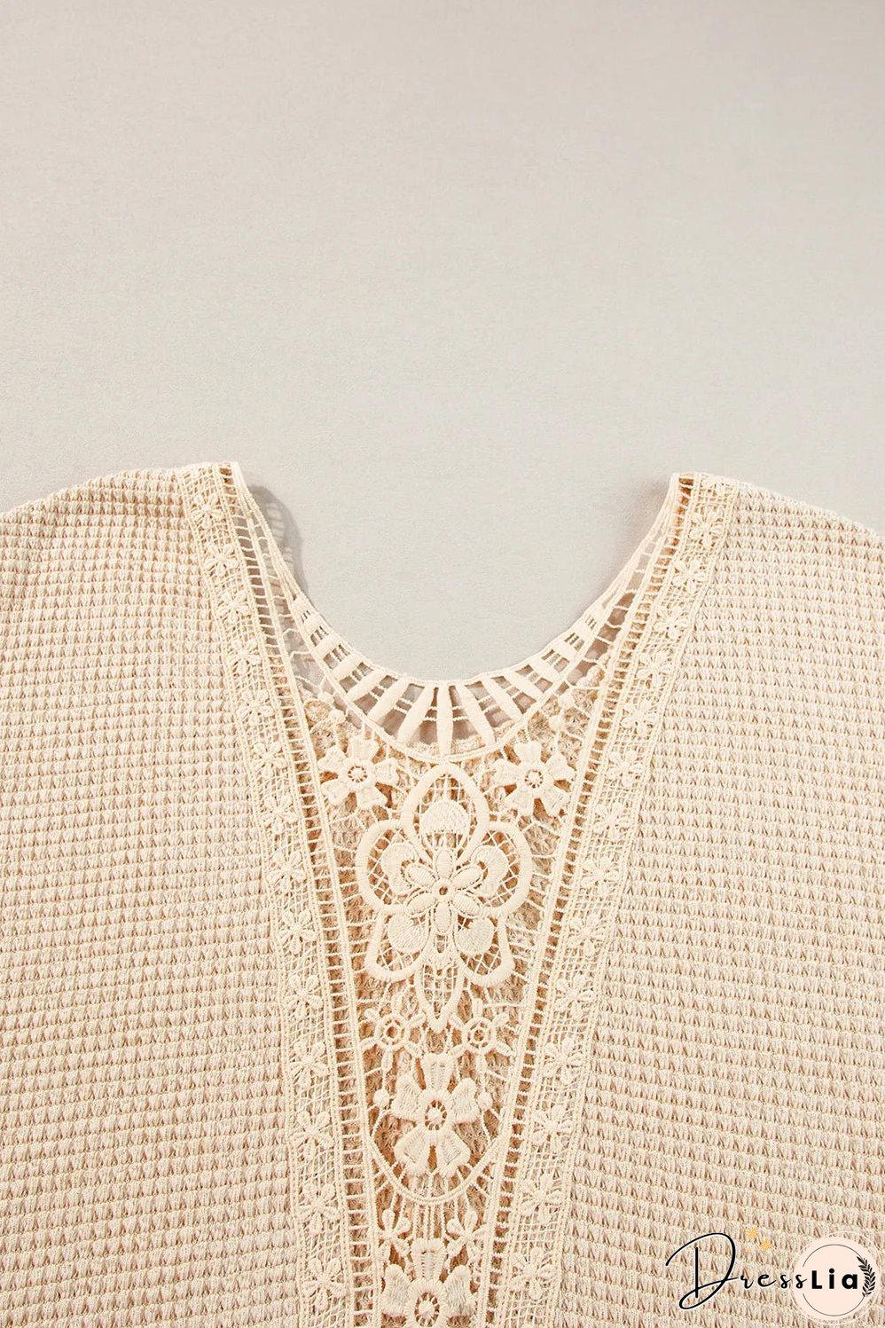 Beige Guipure Lace Insert Textured Plus Size Tee
