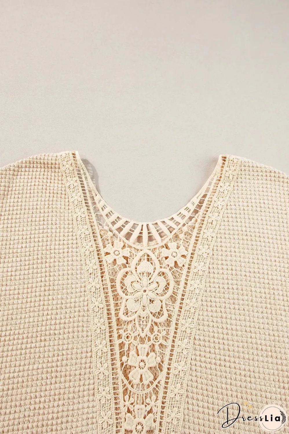 Beige Guipure Lace Insert Textured Plus Size Tee