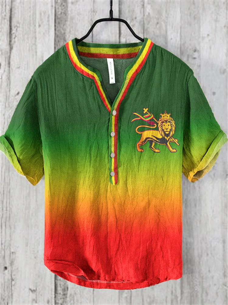 Retro Reggae Lion Gradient Art Print V Neck Casual Linen Blend Shirt