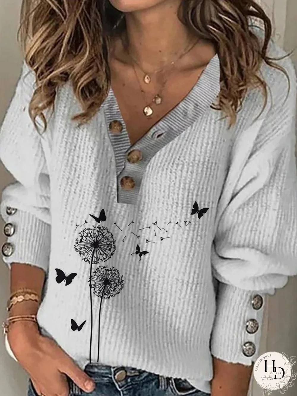 Dandelion Long Sleeve Buttoned V Neck Plus Size Casual Sweater