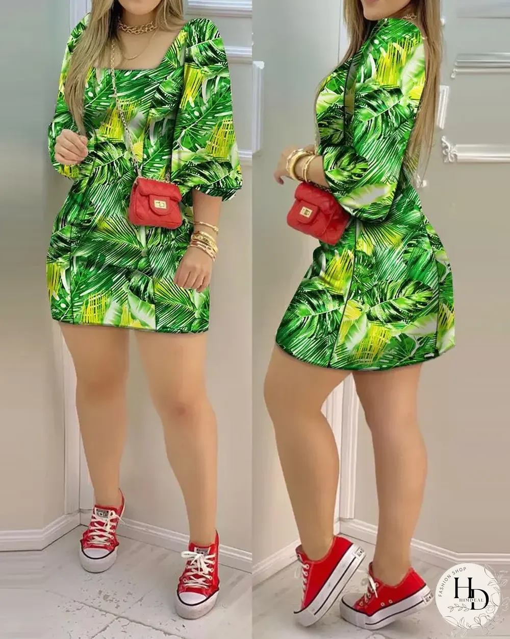 Puff Lantern Sleeve Tropical Print Dress