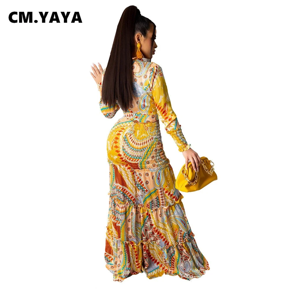 CM.YAYA Autumn Women Set Full Sleeve V-neck Crop Tops Wide Leg Pants Two 2 Piece Sets Street Tracksuit Chiffon Beach Outfits