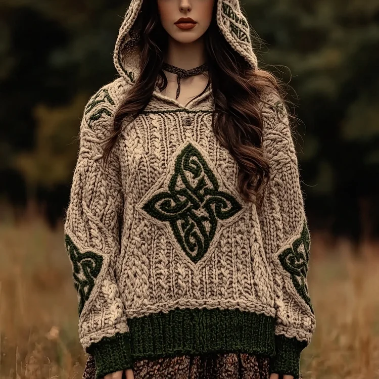 Women's Irish Pattern Jacquard Pocket Hooded Sweater