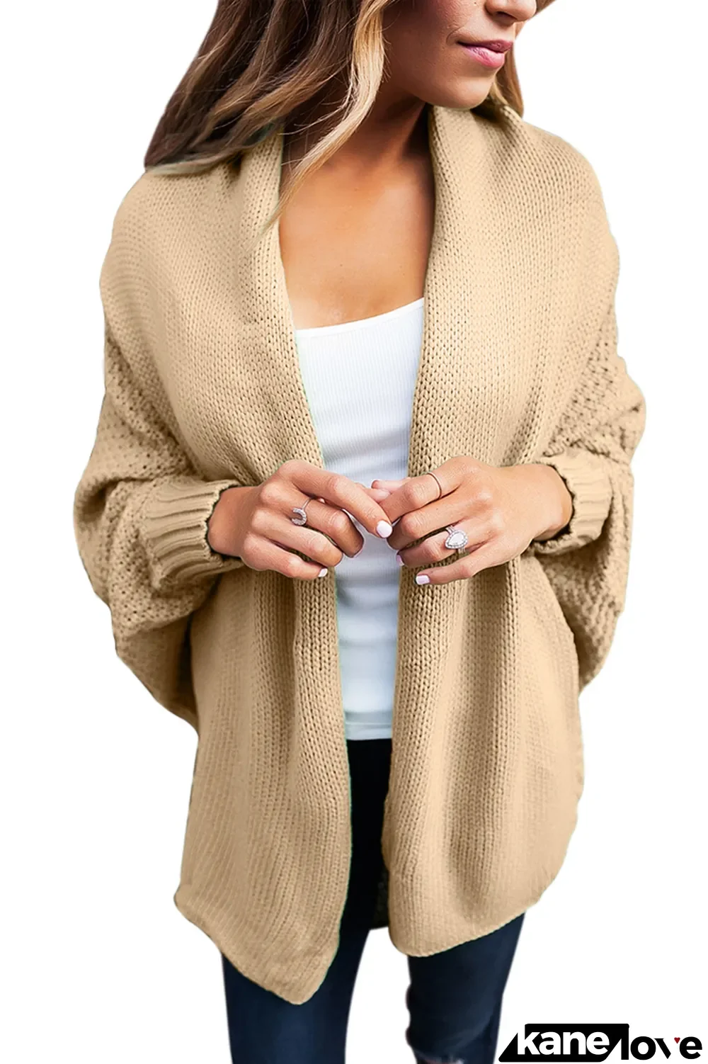 Khaki Chunky Knit Open Front Dolman Cardigan