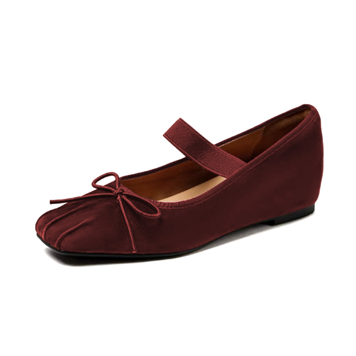Dark Maroon Strap Mary Jane Square Toe Ballet Flats with Bow Nicepairs