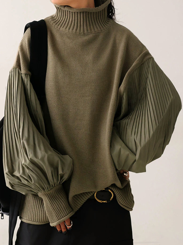 Pleated Bishop Sleeve Patchwork Turtleneck Loose Sweater