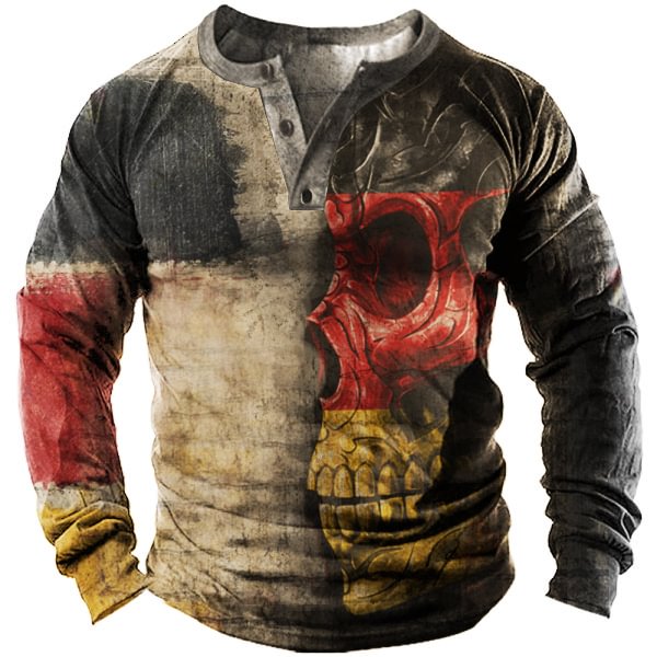Men's Outdoor German Flag Skull Tactical Henley Collar T-shirt-Compassnice®