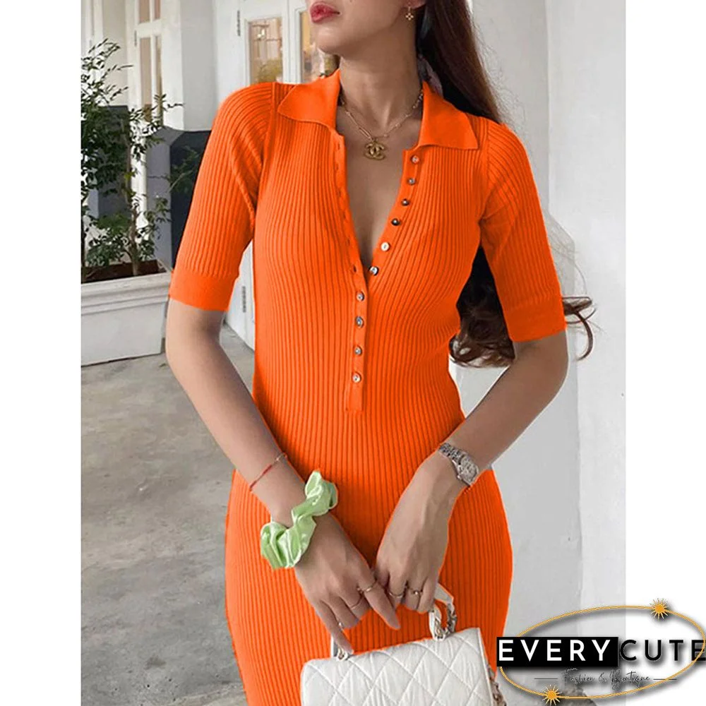 Orange Solid Buttons Lapel Collar Midi Dress
