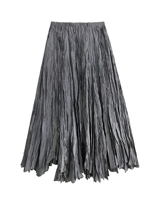 High-Waisted Pleated Solid Color A-Line Irregular Clipping Skirts