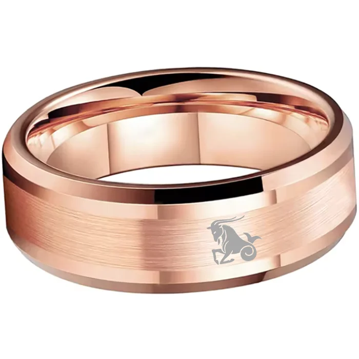 Mens Womens Rose Gold Capricorn Tungsten Carbide Band Rose Gold Edges and Laser Etched Wedding Rings Comfort Fit 4MM 6MM 8MM