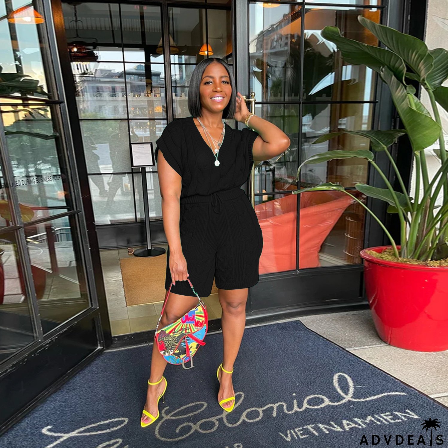 Sexy Solid Deep V Neck Sleeveless Loose Sweater Slim Shorts Two Piece Set