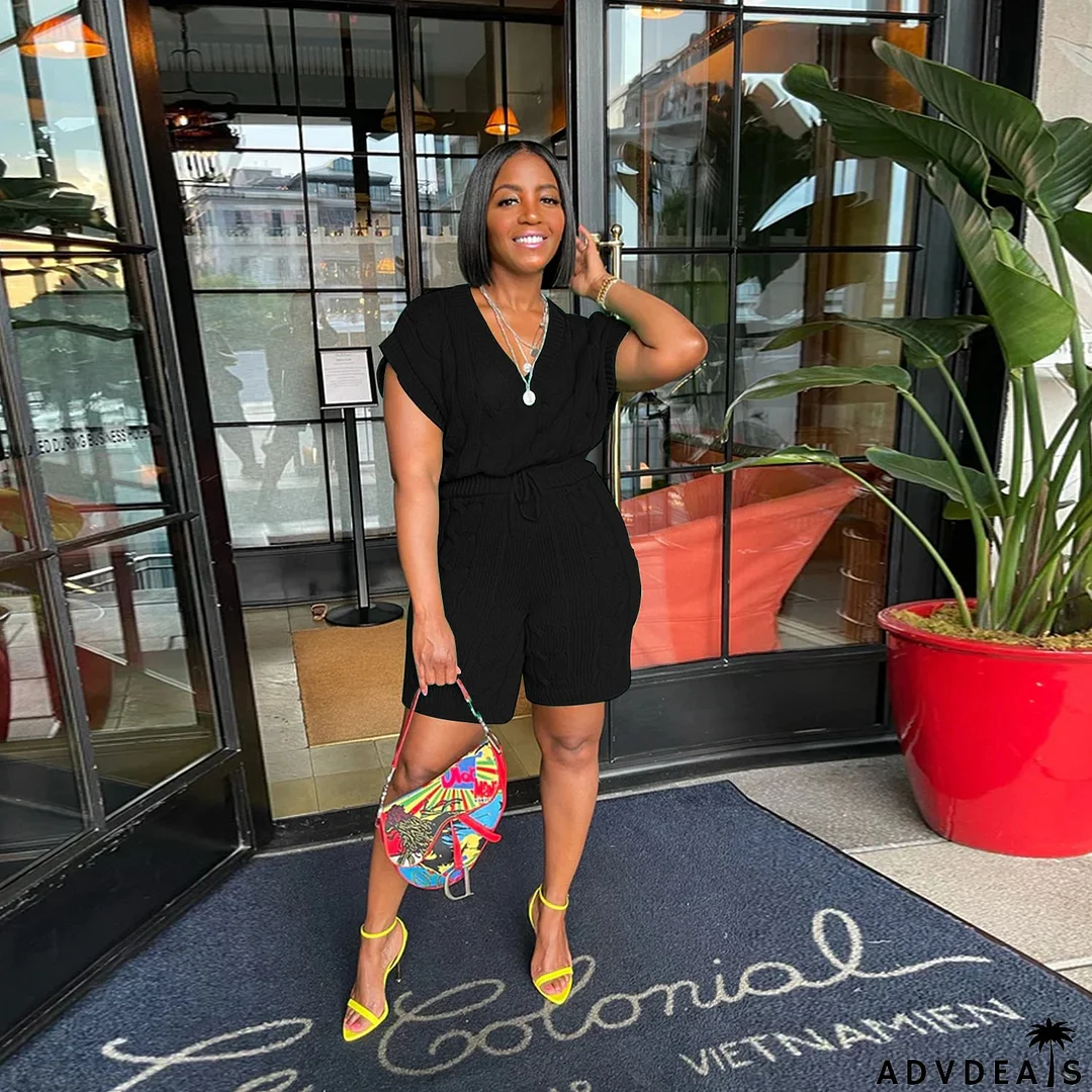 Sexy Solid Deep V Neck Sleeveless Loose Sweater Slim Shorts Two Piece Set