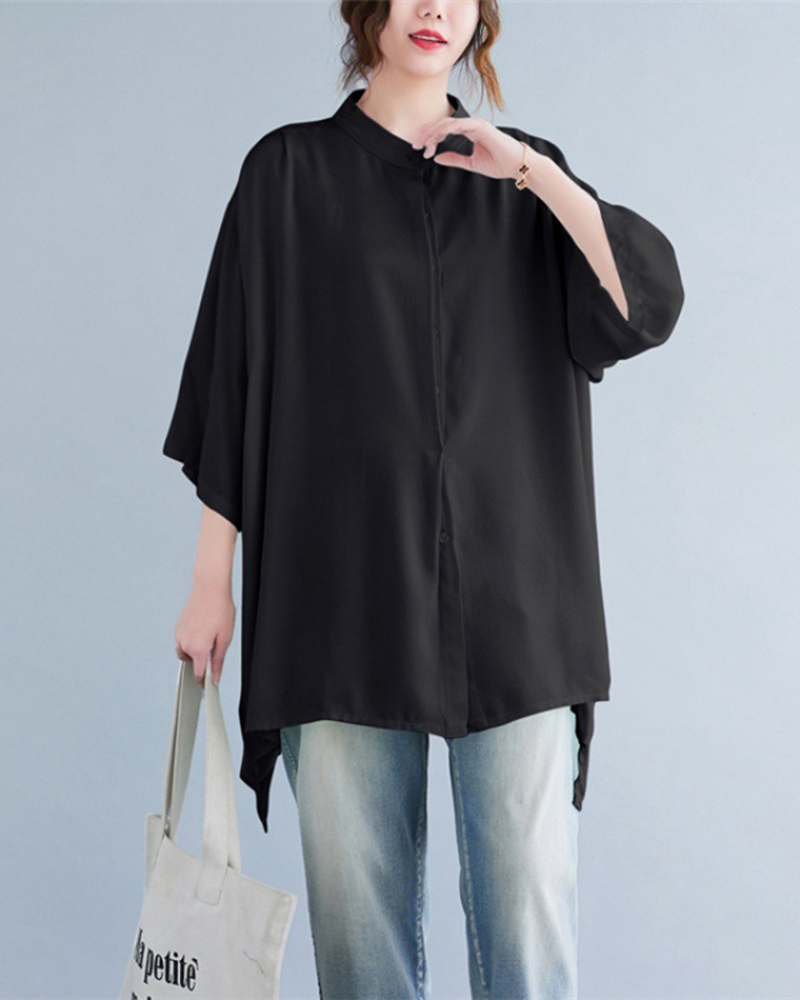 Asymmetric Hem Stand Up Collar Short Sleeve Solid Color Oversized Shirt