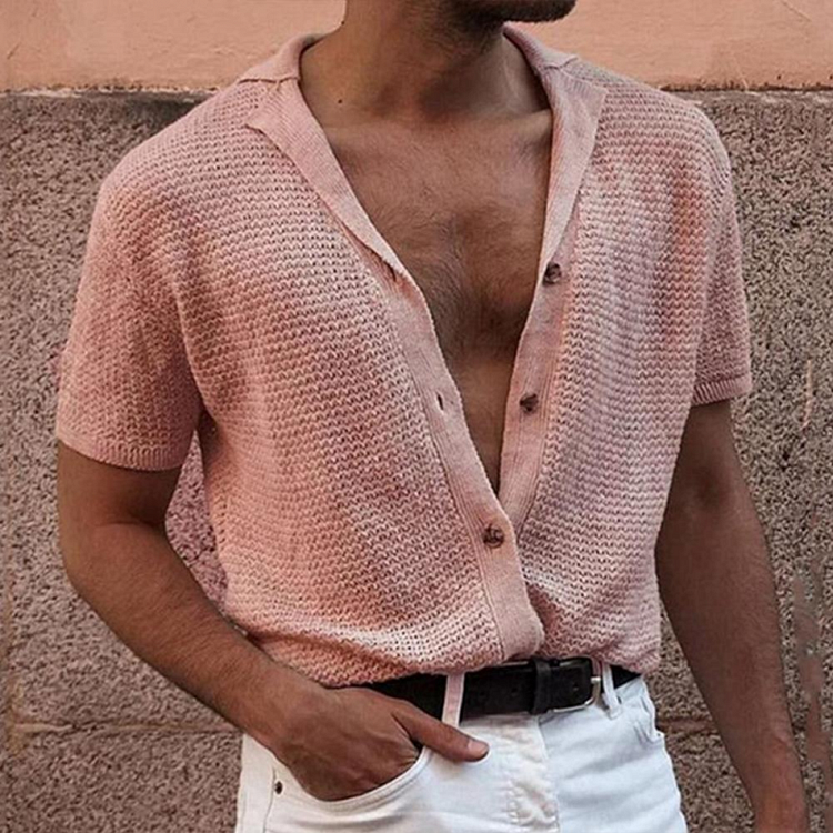 Solid Color Knitted Summer Casual Tops For Men Short Sleeve Shirts at Hiphopee