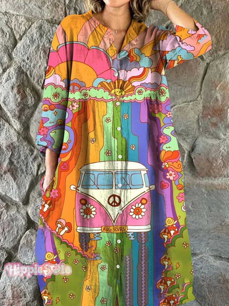 Vintage Hippie Art Print Chic Col En V Trois Quarts Manches Boutonnée Élégante Robe Midi A / S