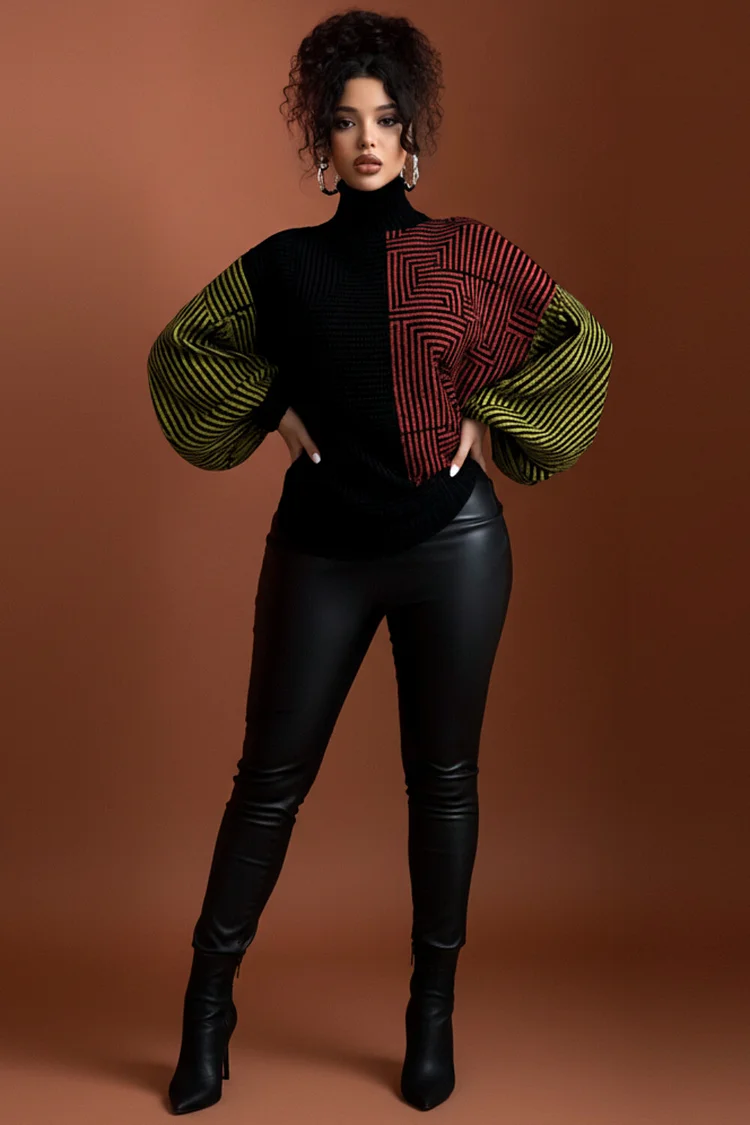 Xpluswear Design Plus Size Business Casual Multicolor Colorblock Round Neck Lantern Sleeve Long Sleeve Casual Crochet Sweaters