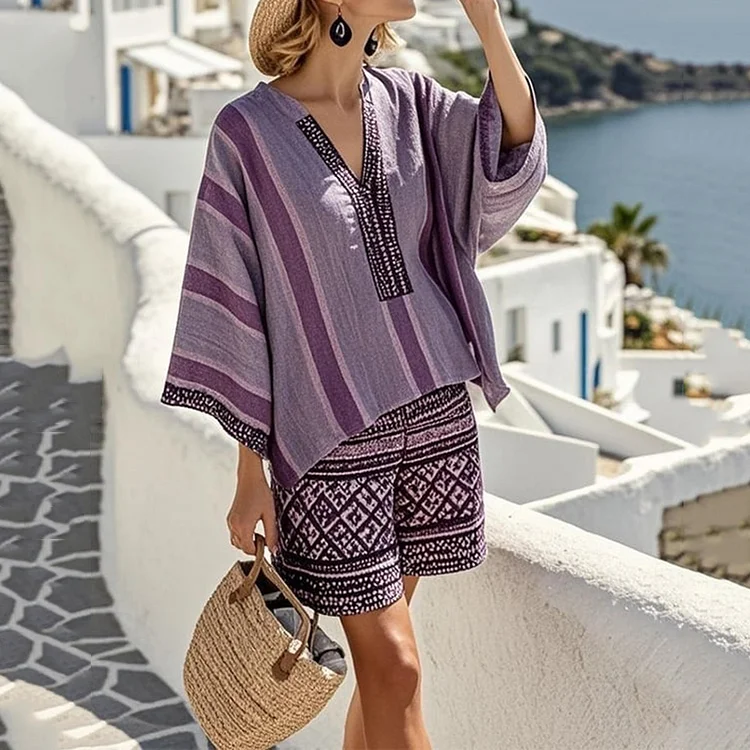 Utbros Women's Leisure Linen Ethnic Stripes Holiday Two Piece Set