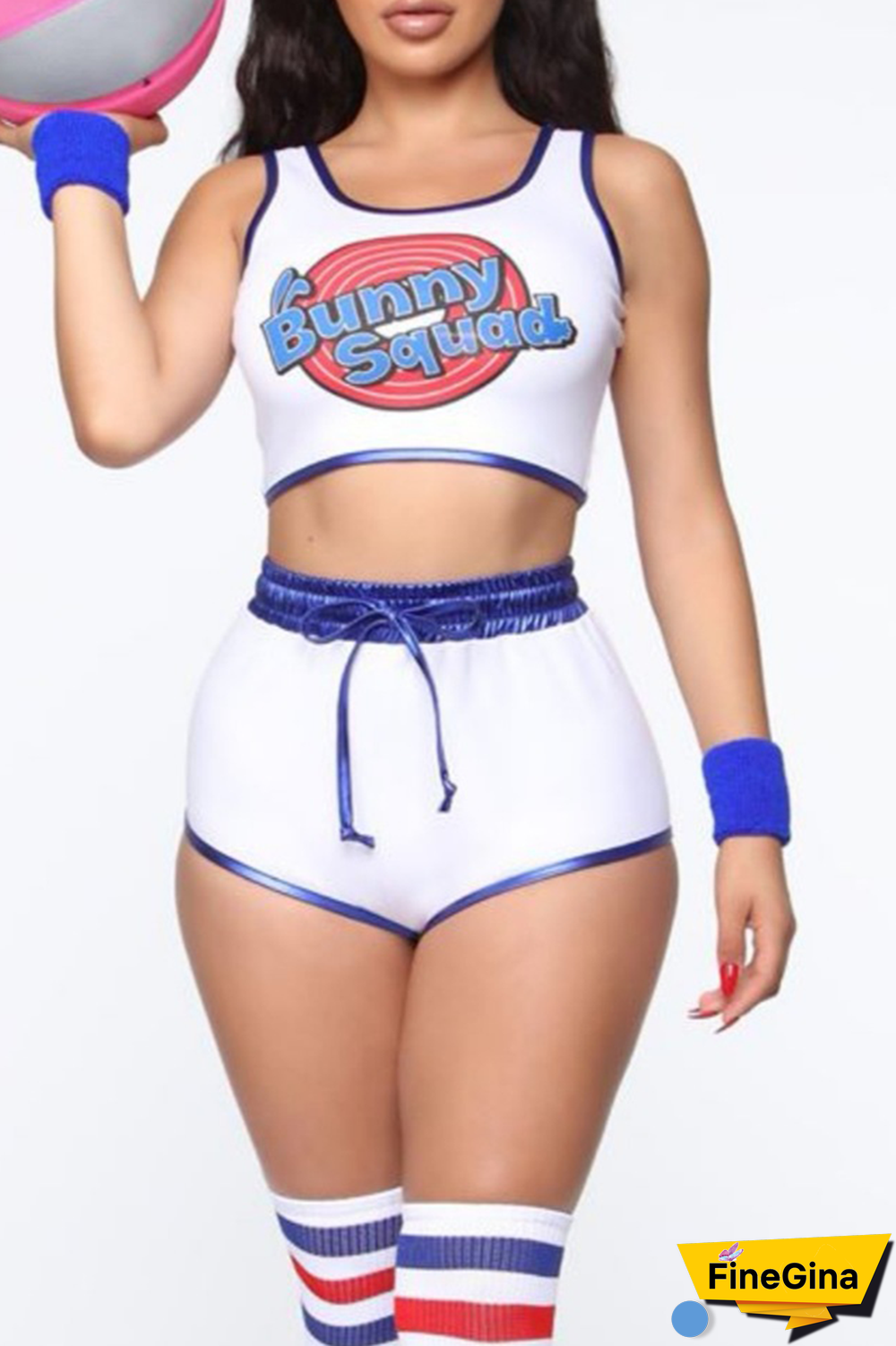 White Party Print Patchwork U Neck Sleeveless Two Pieces