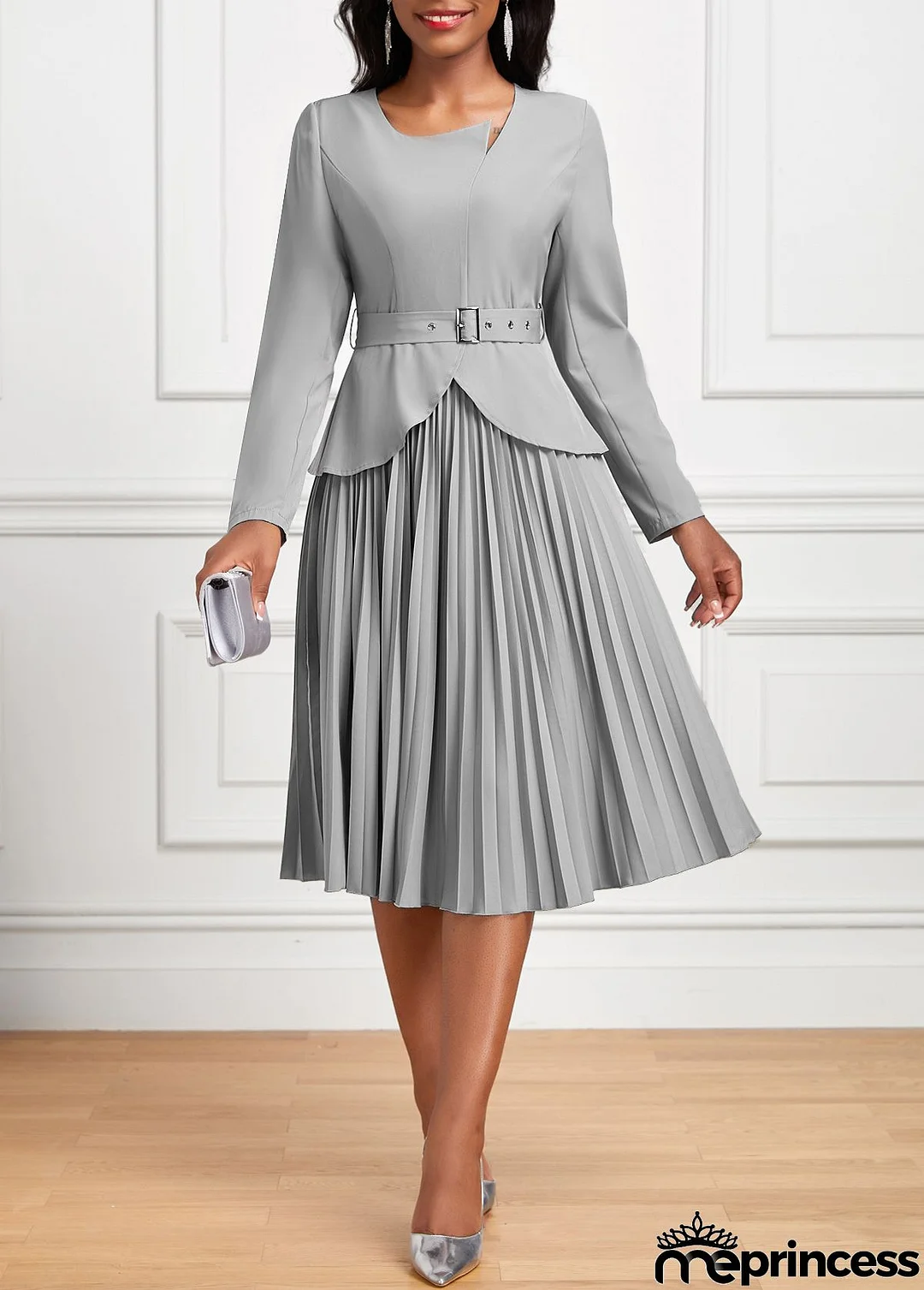Grey Pleated Belted Long Sleeve Asymmetrical Neck Dress