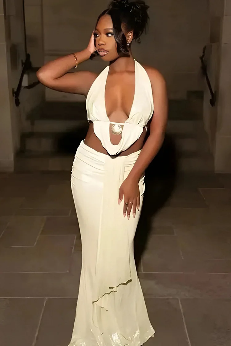 Halter Plunging Neck Top Slim-Fit Maxi Skirt Party 2pcs Set-White [Pre Order]