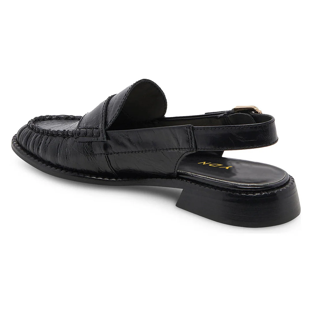 Black Round Toe Vegan Leather Flat Slingback Loafer Shoes for Women