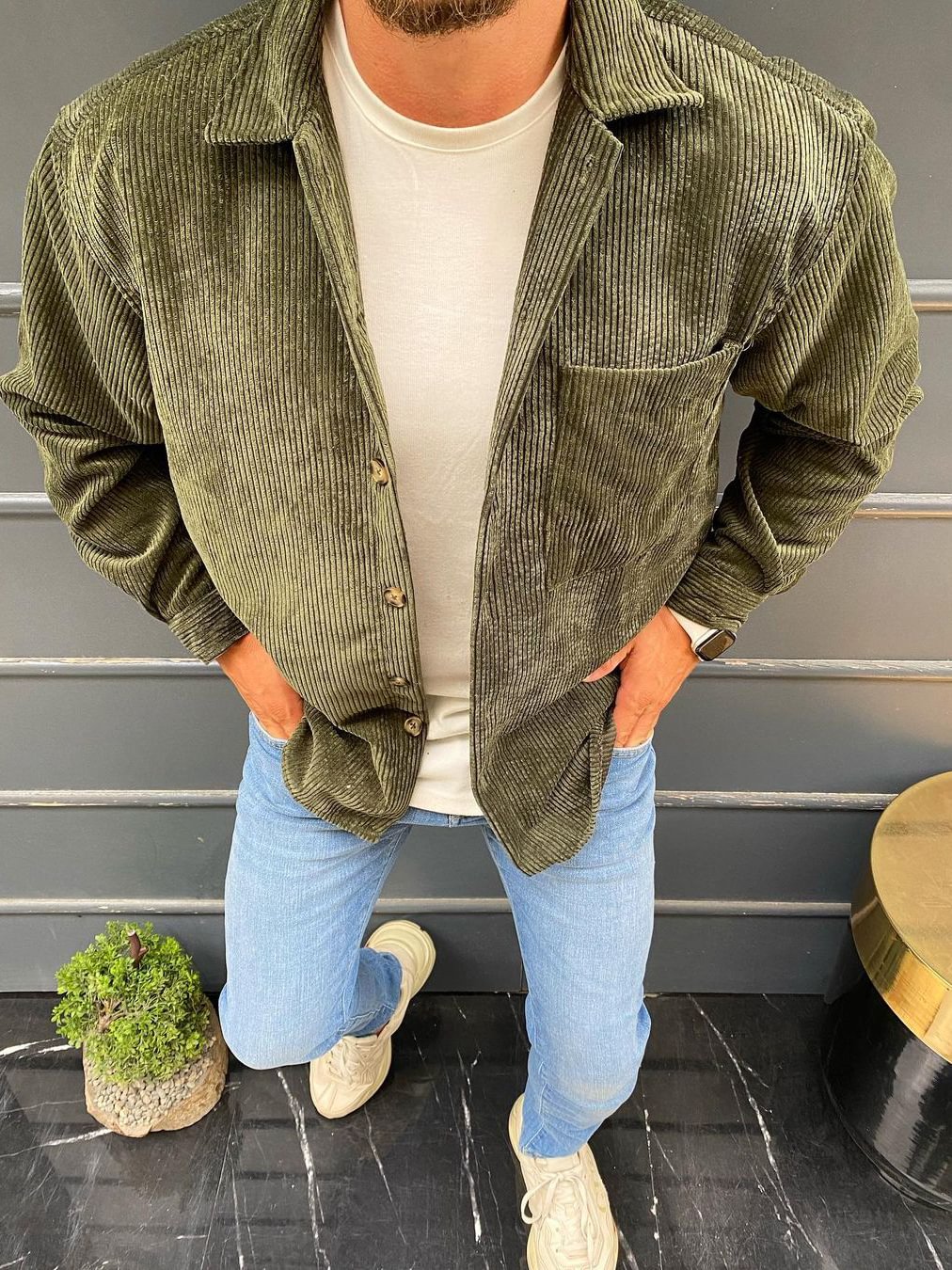 Corduroy Army Green Pockets Long Sleeve Jacket