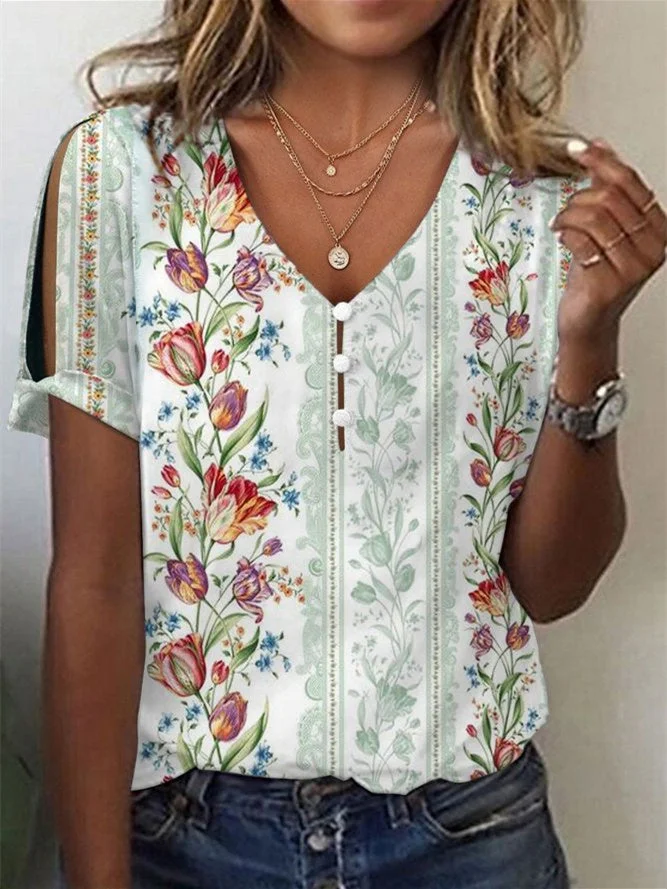 Women Short Sleeve V-neck Graphic Printed Tops