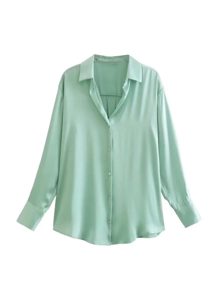 Woman Vintage Solid Satin Blouse Shirts Female Fashion Casual Long Sleeve Button Up Shirt 2022 Ladies Chic Pink Overshirt Top