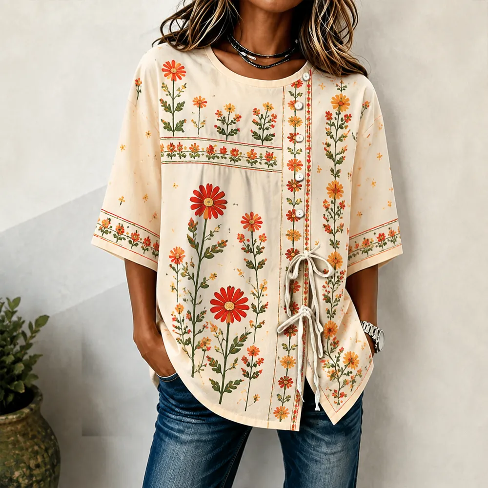 Women's Beige Retro Red Floral Botanical Print Half Sleeve Casual T-shirt elevenforest