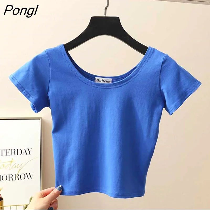 Pongl Colors Solid Crop Top Women T-shirt Cropped Slim High Waist Short Sleeve Basic Summer Clothes Tops Woman Free Shipping Tee