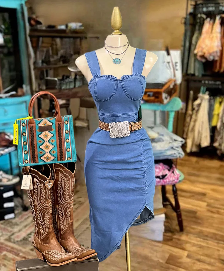 Vintage  U-Neck Washed  Denim Mini Dress