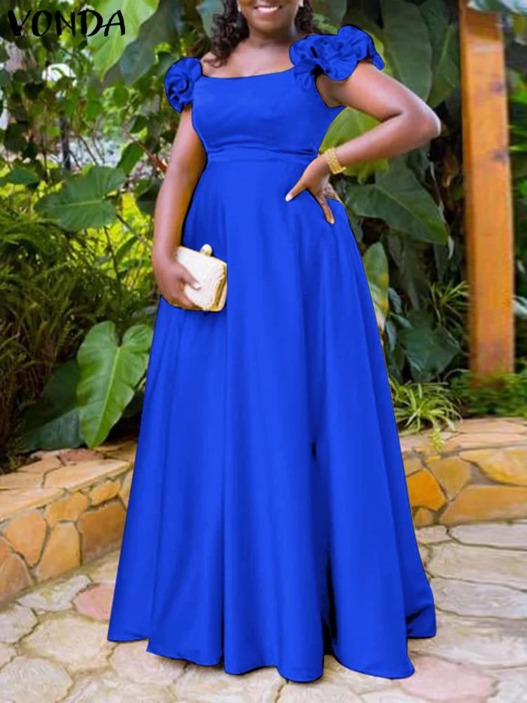 Big Swing A-line Maxi Dress Women Summer Party Dress 2022 VONDA Vintage Solid Color Robe Elegant Bohemian Sundress Femininas