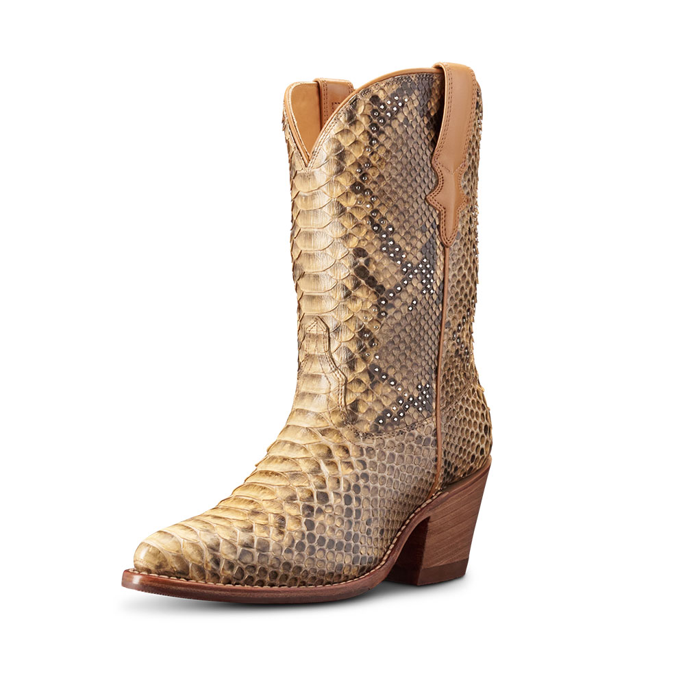 Brown Snakeskin Pattern Studded High Heel Western Boots for Women Nicepairs