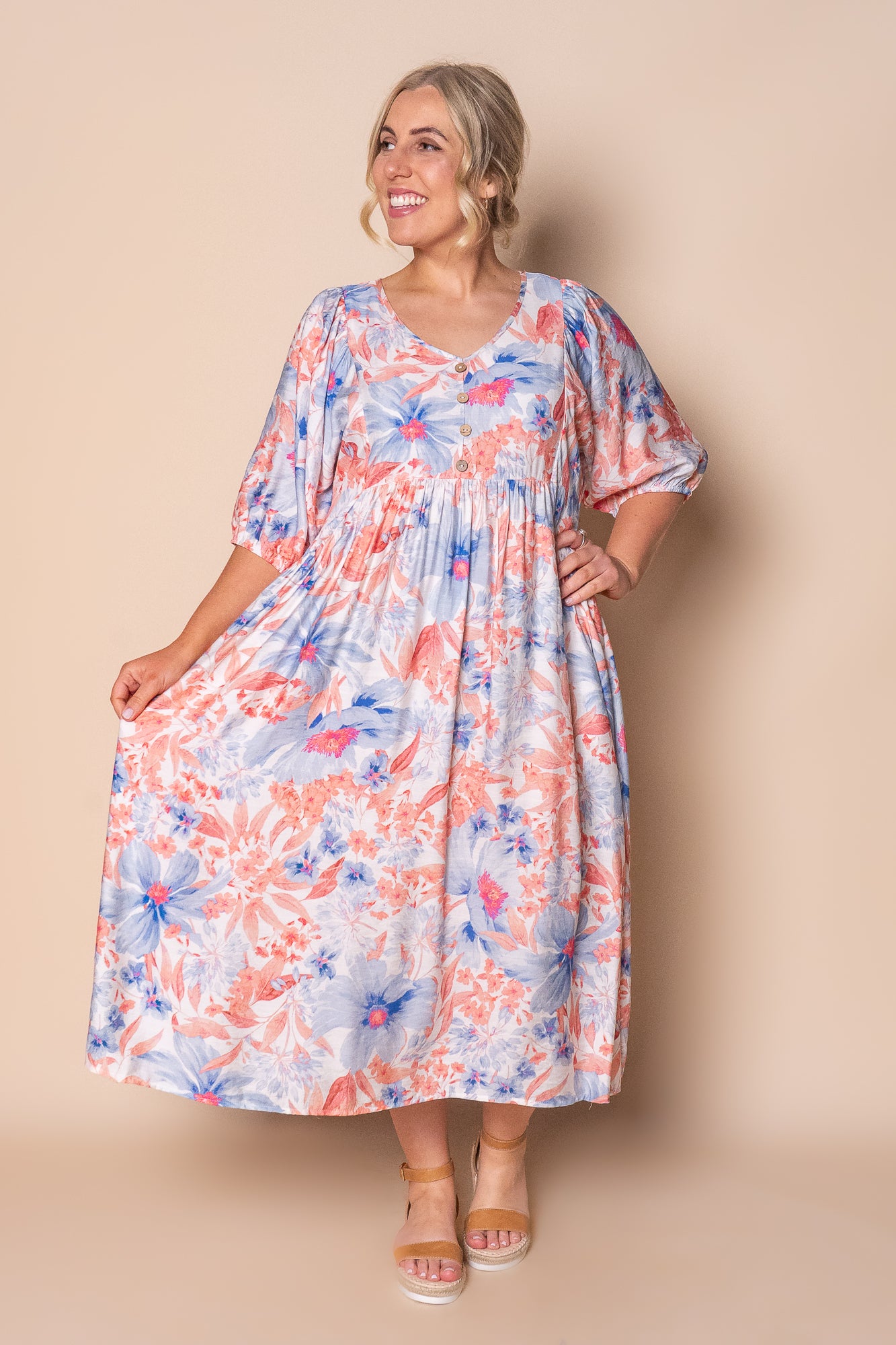 Peaches Midi Dress in Blue Multi