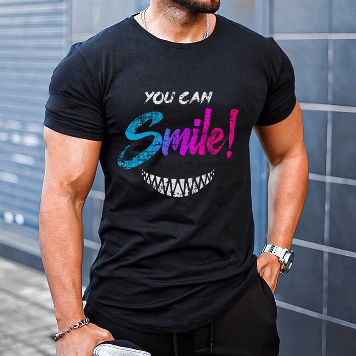 Men's Casual Fashion You Can Smile Print Short Sleeve T-Shirt、、URBENIE