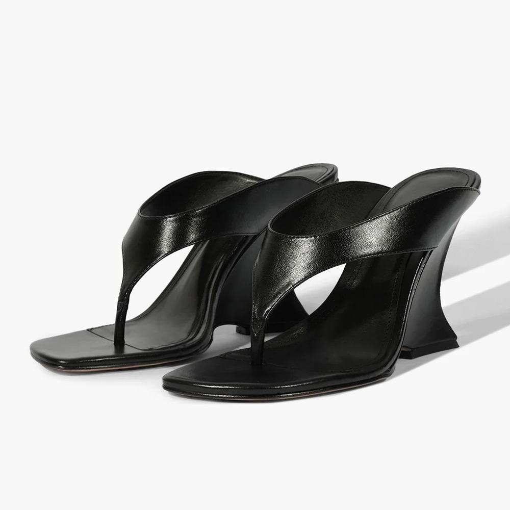 Black Open Square Toe Flip-Flop Style Wedge Heel Mules Shoes Nicepairs