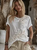 Women's Vintage Floral Art Linen Blend Comfy T-shirt