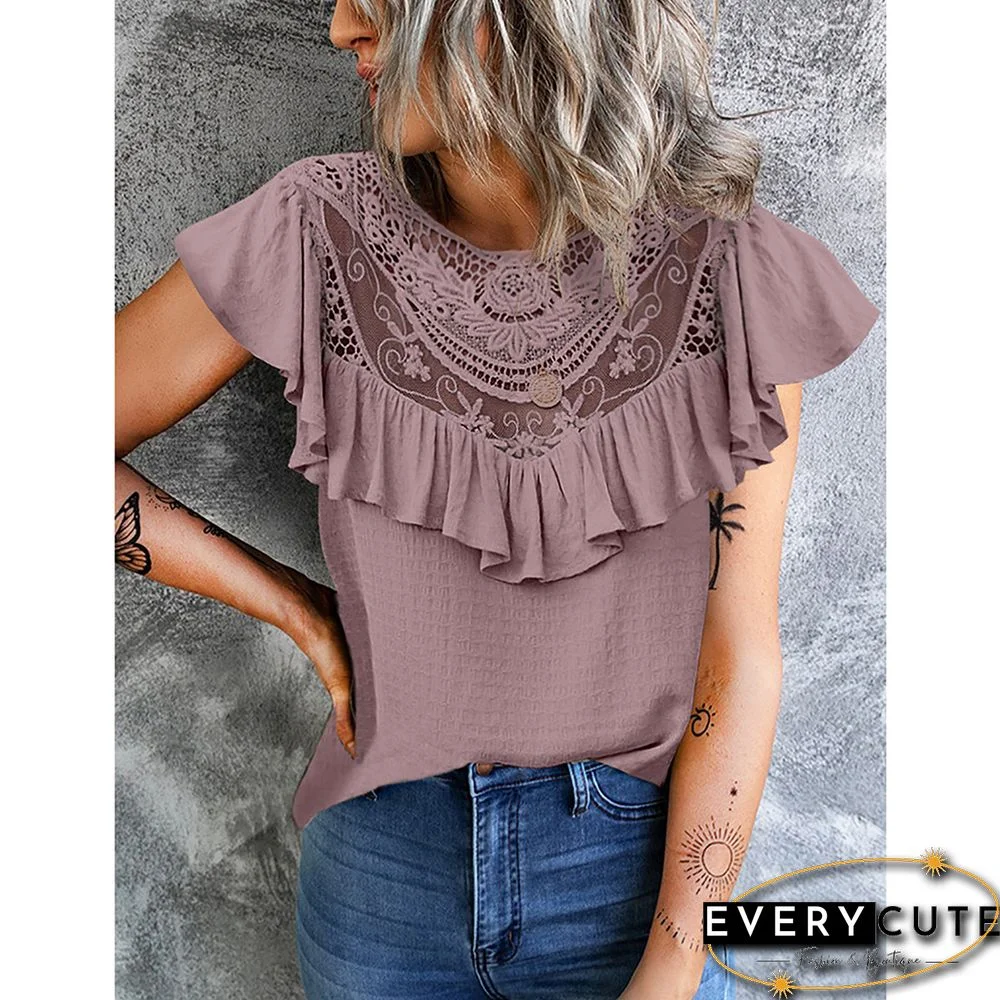 Purple Ruffle Splice Lace Short Sleeve Blouse