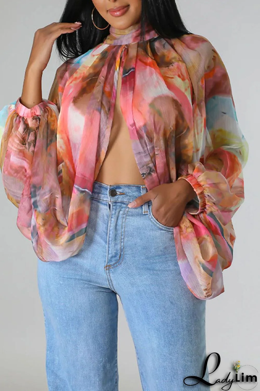 Pink Sexy Print Patchwork Asymmetrical O Neck Tops