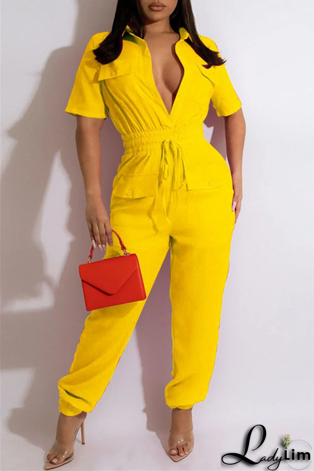 Green Fashion Casual Solid Patchwork Turndown Collar Regular Jumpsuits