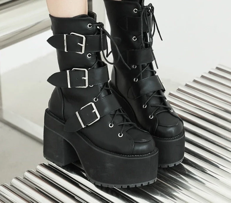 Vstacam High Quality Japanese Harajuku Gothic Cosplay Boots Women Thick Platform Ankle Buckle Strap Lace Up Calf Boots Back Zip