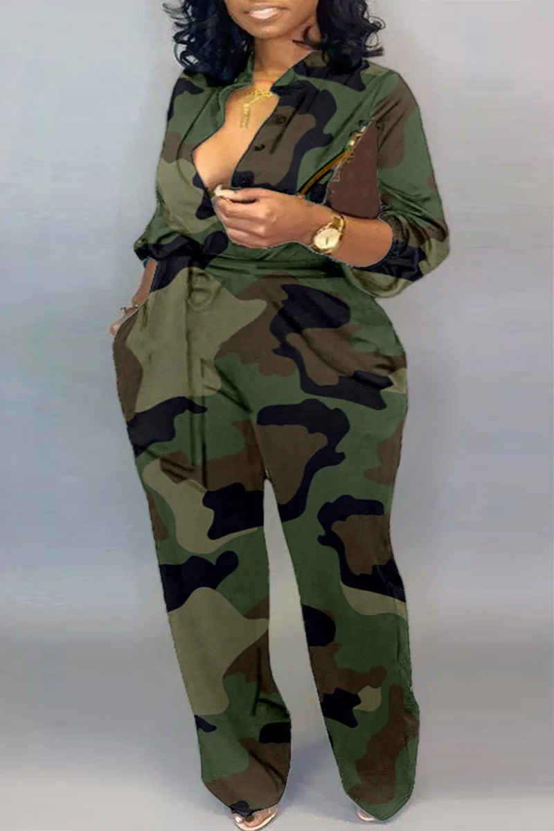 Camouflage Casual Camouflage Print Patchwork Turndown Collar Plus Size Jumpsuits | EGEMISS