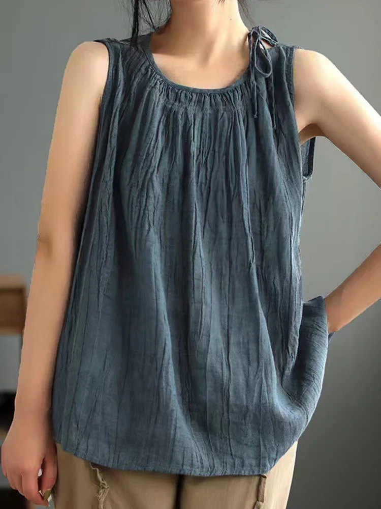 Lunivibe Women's Simple Solid Color Linen Blended Tank Top